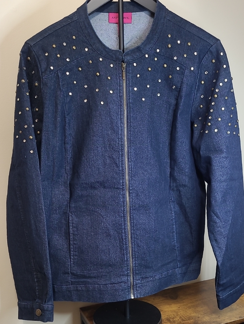 Antthony Dark Blue Studded Zip-Front Denim Jacket size 14